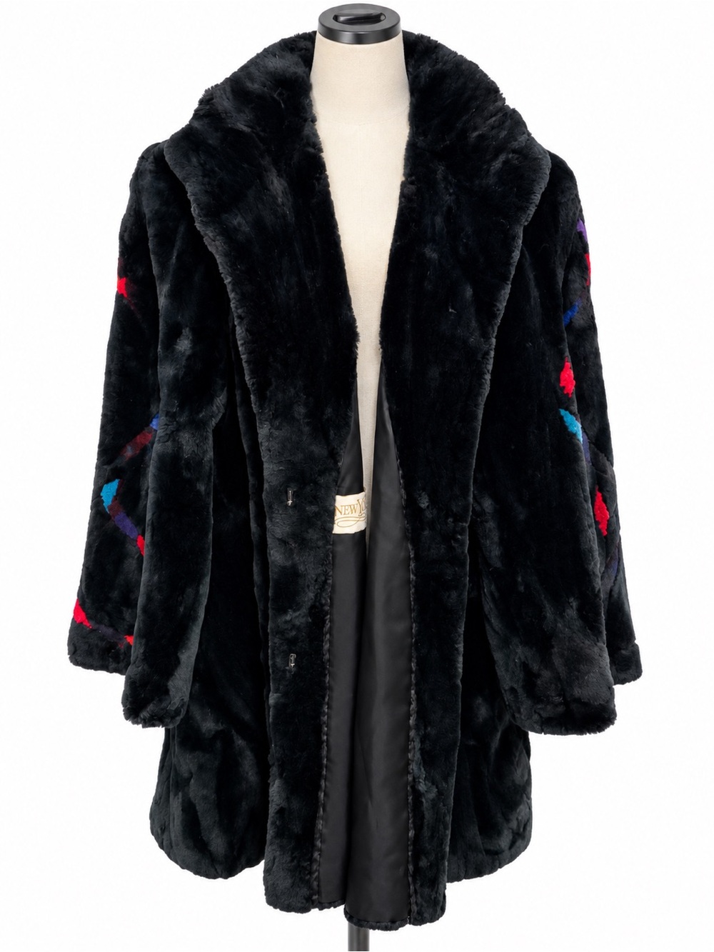 Vintage Neiman Marcus Black Sheared Beaver Fur Coat with Color Accents – XL